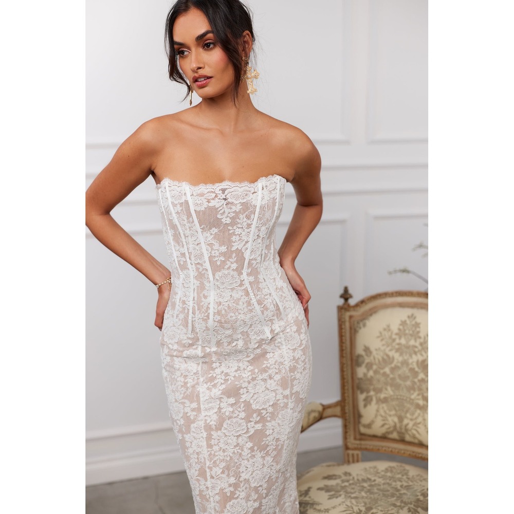V. Chapman Capulet Midi Dress White Chantilly Lace Corset Bridal Wedding Size 6 - Picture 4 of 11